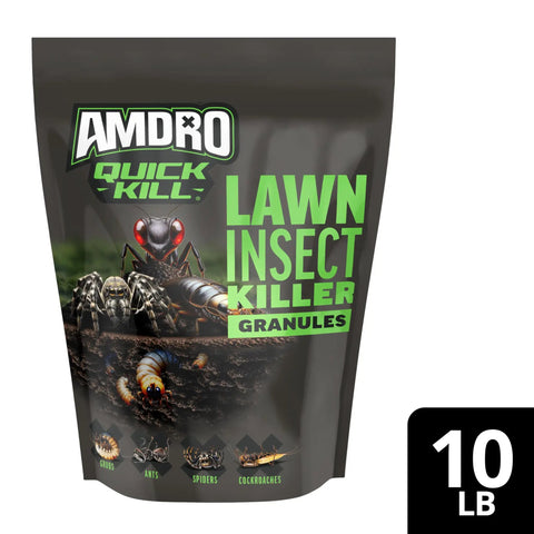 Quick Kill Lawn Insect Killer Granules 10 Lb black label bag with insect images, for fleas, ticks, and lawn pests.