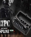 13-piece low-profile spline bit set in compact metal case next to shadowed figure, highlighting tool kit's compact design and versatility