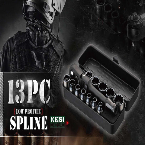 13-piece low-profile spline bit set in compact metal case next to shadowed figure, highlighting tool kit's compact design and versatility
