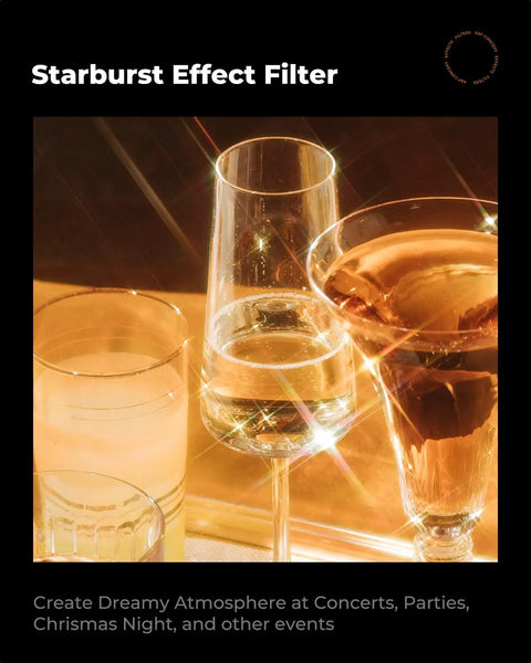 Starburst light effect on drinks shot with 82mm Variable Star Filter With Dope Cross Screen Starburst 4 To 8 Points For Cinematic Night Shots Ultra Slim Glass 18 Layer Coating For Clear Light Transmission Includes Cleaning Cloths Fits DSLR And Mirrorless Cameras