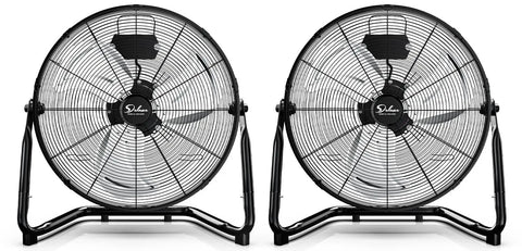 Two 12 Inch High Velocity Floor Fans With 3 Speed Settings, Heavy Duty Metal Construction for home, garage, greenhouse use, 1800 CFM airflow.