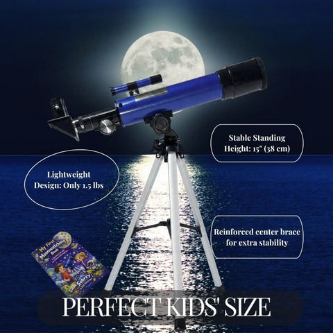 Blue Beginner Kids Telescope With 50mm Aperture And Tripod, 20x-100x Magnification, on moonlit beach with two eyepieces and finder scope.