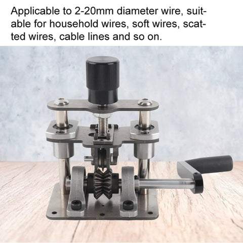 Upgrade Your Gear With This Heavy Duty Stainless Steel Wire Stripping Machine For Electric Drills Featuring Hand Crank Scrap Copper Cable Peeling Tool For 2 To 20mm Diameter Wires Robust Build Quality For Tough Jobs with knob and gears on stainless steel frame.