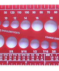 Front view of red plastic nut bolt thread gauge with multiple hole sizes and inch/mm scales.