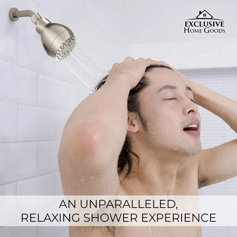 Person enjoying shower with Ultra High Pressure Chrome Shower Head Delivers Crazy Strong Spray With Anti Clog Silicone Nozzles