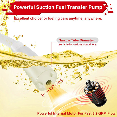 Battery Powered Gas Transfer Pump With Auto Stop, 3.2 GPM Flow, 51 Inch Hose in operation with narrow tube diameter
