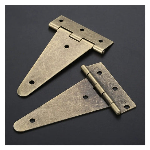 Vintage T-Shape Metal Cabinet Hinges 4 Pack With Screws, Antique Bronze Finish, 10cm Flat Furniture Hardware, close-up
