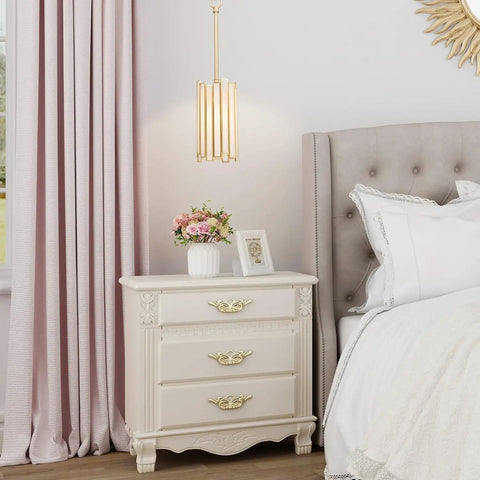 Gold Pendant Lighting With White Glass Cylinder for Bedroom, modern glam fixture with elegant design above bedside table
