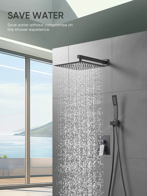Matte Black 12-Inch Shower System With Handheld Spray Complete Faucet Set Includes Rough-In Valve Body and Trim Water-Saving High-Pressure Shower Fixtures For Dope Modern Bathrooms