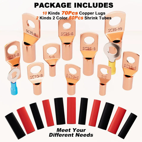 Pro Grade Copper Wire Lugs Set 130 Pieces With 60 Heat Shrink Tubing for Battery Cables AWG 2 to 16 displayed for DIY use