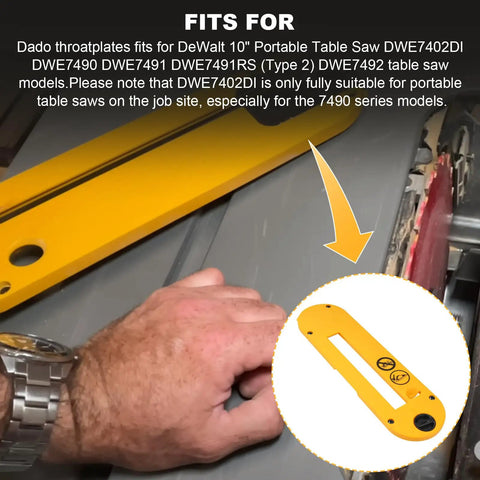 Heavy Duty Universal Dado Throat Plate For 10 Inch Contractor Table Saws with yellow polymer design on a table saw.