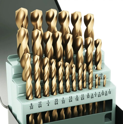 Heavy Duty Cobalt Drill Bit Set 29 Piece M35 HSS With 135 Degree Tip Jobber Length Bits displayed in storage case.