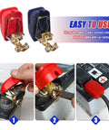 Smart Copper Battery Clamps With Quick Release No Fuss On Off For A Secure Connection Water And Dust Resistant Car Battery Clamps Universal Fit Durable Car Accessories Easy Install shown in installation process.