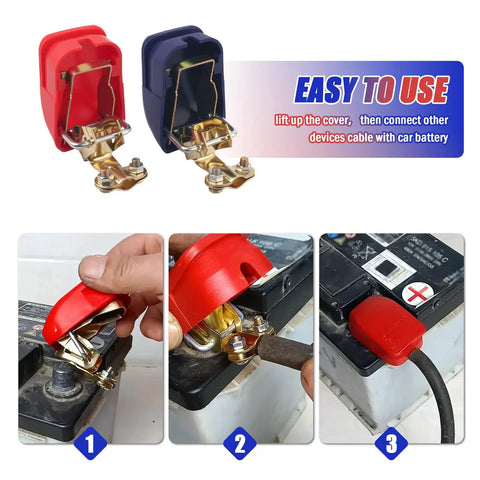 Smart Copper Battery Clamps With Quick Release No Fuss On Off For A Secure Connection Water And Dust Resistant Car Battery Clamps Universal Fit Durable Car Accessories Easy Install shown in installation process.