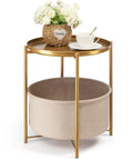 Round End Table With Removable Fabric Storage Basket And Tray Top, Gold Metal Nightstand For Living Room Or Bedroom with Decor