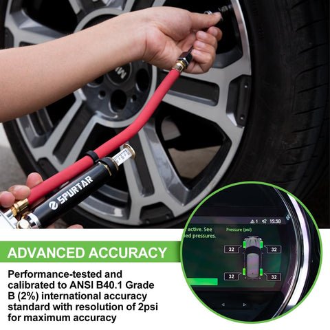Heavy Duty Tire Pressure Gauge With Inflator And Air Chuck 4 Way Tool Valve Cores And Air Compressor Attachments in use on car tire