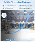 Warehouse lit by 12 Pack 400W High Bay LED Lights for Warehouses and Shops, 60,000 Lumens at 5000K Daylight, UL Listed, Dimmable 0-10V, 100-277V AC, Linear Hanging Shop Fixture for Garage, Workshop, and Industrial Space.