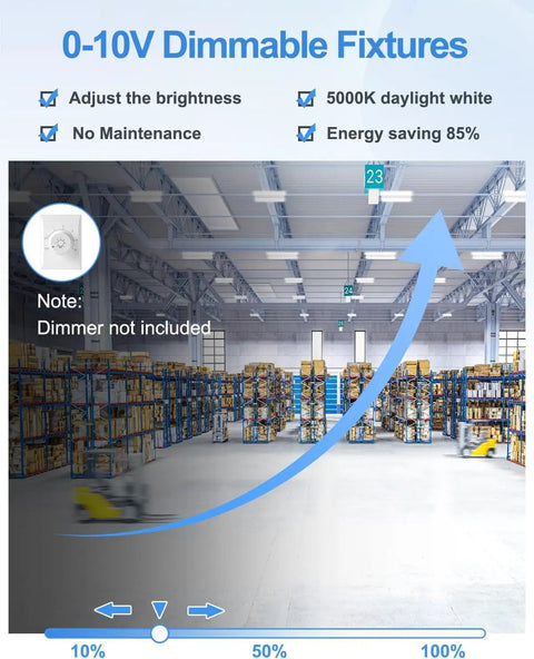 Warehouse lit by 12 Pack 400W High Bay LED Lights for Warehouses and Shops, 60,000 Lumens at 5000K Daylight, UL Listed, Dimmable 0-10V, 100-277V AC, Linear Hanging Shop Fixture for Garage, Workshop, and Industrial Space.