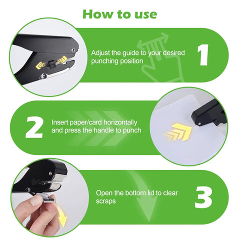 Instructions for using Heavy Duty Slot Punch Handheld Hole Puncher with adjustable depth for ID cards, luggage, and name tags.