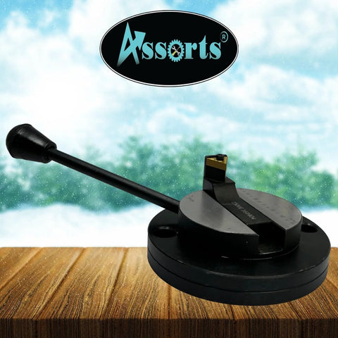 Assorts ball turning attachment with graduation scale for lathe; black metal tool with long handle and round base.