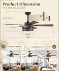 48 Inch Farmhouse Ceiling Fan With Remote And Light Vintage Caged Design Walnut Blades dimensions and mounting options illustration
