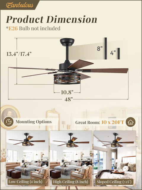 48 Inch Farmhouse Ceiling Fan With Remote And Light Vintage Caged Design Walnut Blades dimensions and mounting options illustration