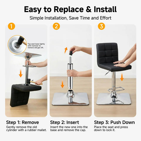 Installation guide for Beefed Up Heavy Duty 1000 Lbs Gas Lift Cylinder Replacement with 19.5 to 28 inch adjustable height for bar stools and office chairs.