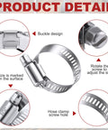 Three Hundred Piece Hose Clamp Set With Eight Sizes Ranging From Quarter Inch To One And Three Quarters Inch 304 Stainless Steel Worm Gear Clamps For Automotive Fuel Lines Intercooler Radiator product detail image showing buckle design, adjustable screw, and 304 marking.