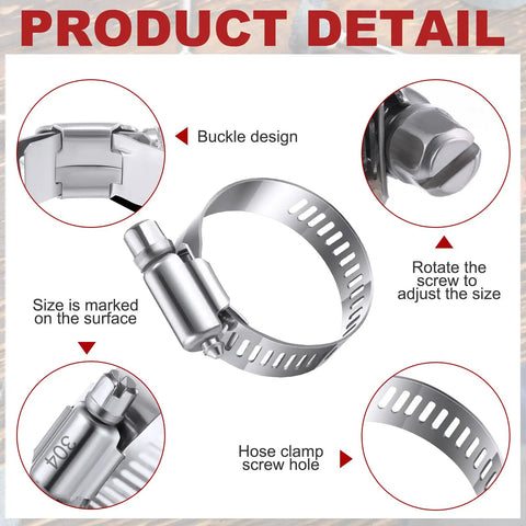 Three Hundred Piece Hose Clamp Set With Eight Sizes Ranging From Quarter Inch To One And Three Quarters Inch 304 Stainless Steel Worm Gear Clamps For Automotive Fuel Lines Intercooler Radiator product detail image showing buckle design, adjustable screw, and 304 marking.