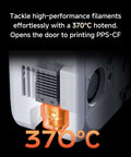Close-up of 370°C bimetal hotend on enclosed FDM 3D printer with auto leveling sensor for flawless first layer printing, 600mm/s high speed.