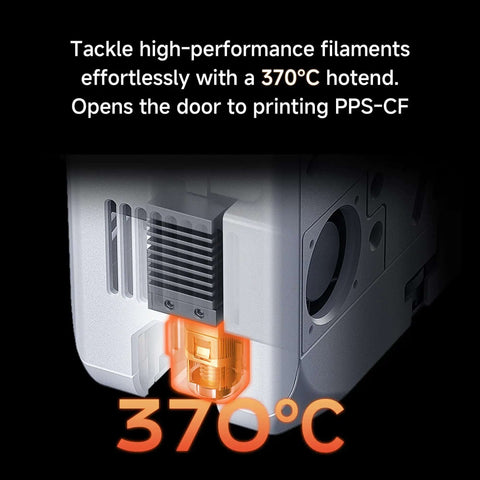 Close-up of 370°C bimetal hotend on enclosed FDM 3D printer with auto leveling sensor for flawless first layer printing, 600mm/s high speed.