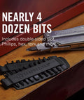 21 Double Ended Screwdriver Bits Bit Kit on wooden surface with slots for Phillips and hex bits