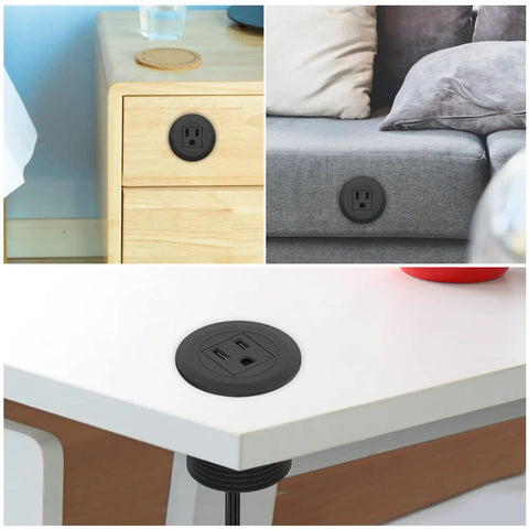 2 Inch Flush Mount Desk Power Grommet With Built In US Outlet And 3.28 Ft Heavy Duty Cord, installed on various surfaces.