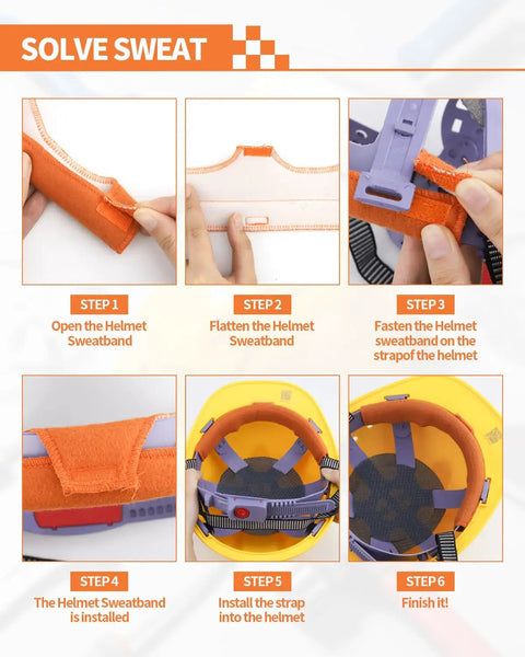 6 Pack All Season Flame Retardant Cotton Hard Hat Sweatbands installation guide with visuals of helmet liner attachment.