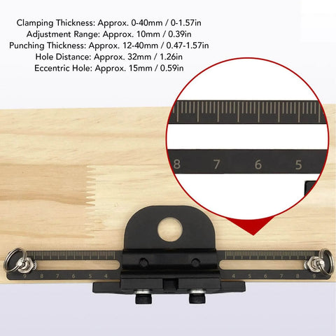 3 In 1 Dowel Jig Drill Kit With Self Centering Dowel Jig And Pocket Hole Locator, ruler close-up on wood piece