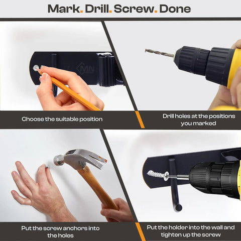 Installation guide for Heavy Duty Stainless Steel Broom Holder Wall Mount With 3 Racks And 4 Hooks, showing drilling and mounting steps.