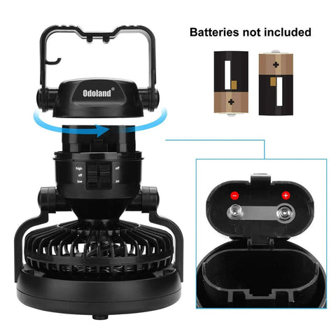 Portable LED Camping Lantern With Built In Ceiling Fan For Emergency Use with open battery compartment detail and batteries not included notice.