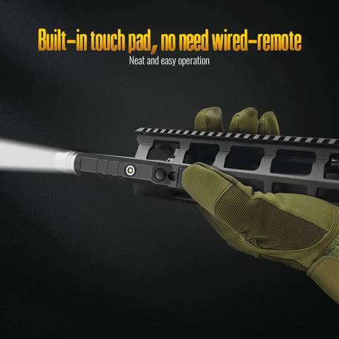 Beast 1600 Lumen Tactical Flashlight With Momentary On And Strobe Built In Rechargeable Battery 240 Meter Beam Distance Rugged Night Ops Light With About 75 Minute Run Time shown in use on tactical gear