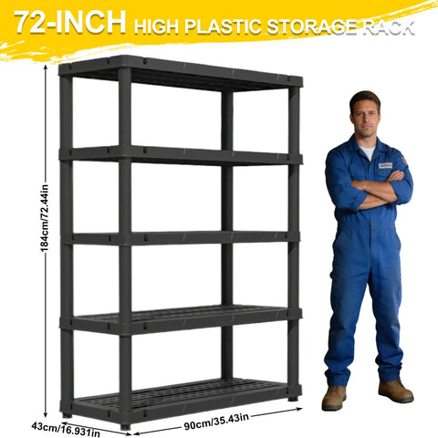 Beast Grade 72 Inch Tall Plastic Garage Storage Shelves With Five Robust Tiers Taking On Heavy Lifting Up To 700 Pounds No Sweat Free Standing Setup Perfect For Basement Tool Storage And Laundry Room Clutter Crushing