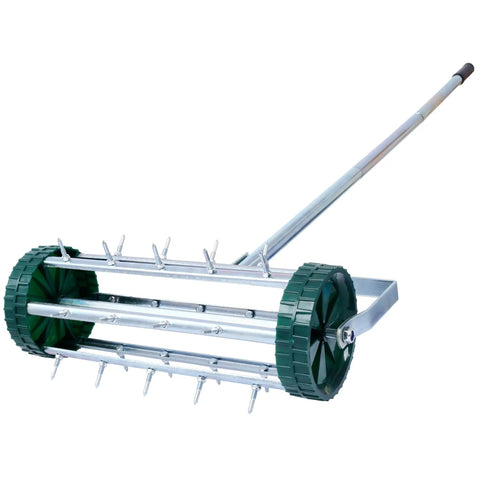 Rolling Lawn Aerator With 39 Iron Spikes And 58 Inch Handle, Heavy Duty Manual Aerator Tool for loosening compacted soil.