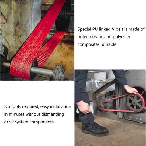 Power Twist V Belt Type A Adjustable Link for lathes and saws, shown installed on industrial machines, half inch by four feet.