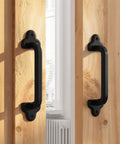 Heavy Duty 9 Inch Antique Barn Door Hardware Handle Set Of 4 Rustic Square Cast Iron Handles For Gates Garages Sheds And Furniture Black Powder Coated Finish Built To Last Classic Farmhouse Look installed on wooden doors