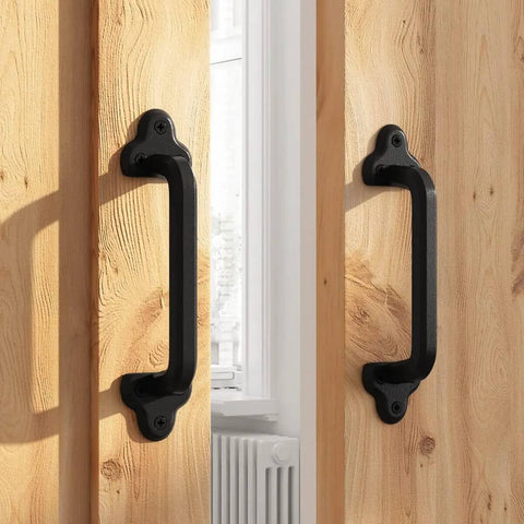 Heavy Duty 9 Inch Antique Barn Door Hardware Handle Set Of 4 Rustic Square Cast Iron Handles For Gates Garages Sheds And Furniture Black Powder Coated Finish Built To Last Classic Farmhouse Look installed on wooden doors