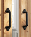 Heavy Duty 9 Inch Antique Barn Door Handle Set Of 2, Rugged Rustic Retro Cast Iron Pulls For Gates Garages Sheds And Furniture, Black Powder Coated Finish, Square shown on wooden doors.