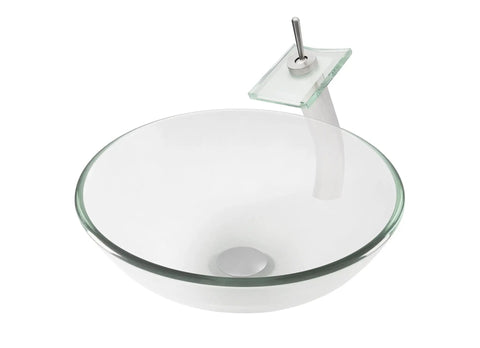 Squared Single Lever Waterfall Vessel Faucet In Brushed Nickel With Clear Glass, bowl-shaped vessel sink