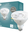 LED Motion Sensor Outdoor Flood Light Bulb 15W PAR38 Warm White Plug And Play Setup Auto On When Motion Detected Easy Screw In E26 Base No Hub Or App Needed Weatherproof Security Light For Outdoors, box and bulb