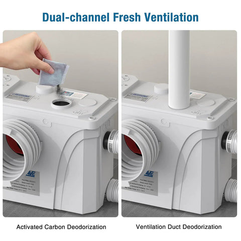 900W Copper Macerator Pump with fresh ventilation system showing activated carbon and duct deodorization options