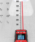 DOJBK Rechargeable Wall Detector showing laser measurement with LCD screen and distance markings up to 6 meters on a wall.