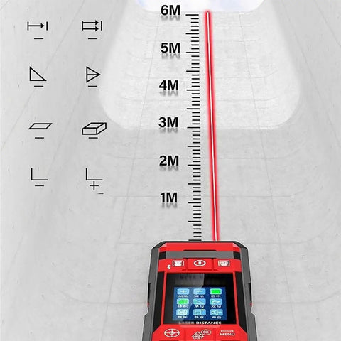 DOJBK Rechargeable Wall Detector showing laser measurement with LCD screen and distance markings up to 6 meters on a wall.