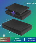 Two Pack Studio Monitor Isolation Pads For 3 To 4.5 Inch Speakers High Density Acoustic Foam To Cut Vibration And Improve Crisper Sound Quality 8 X 6.3 X 1.4 Inch Cushions For Desk Or Stand Mount, showing size and usage range.